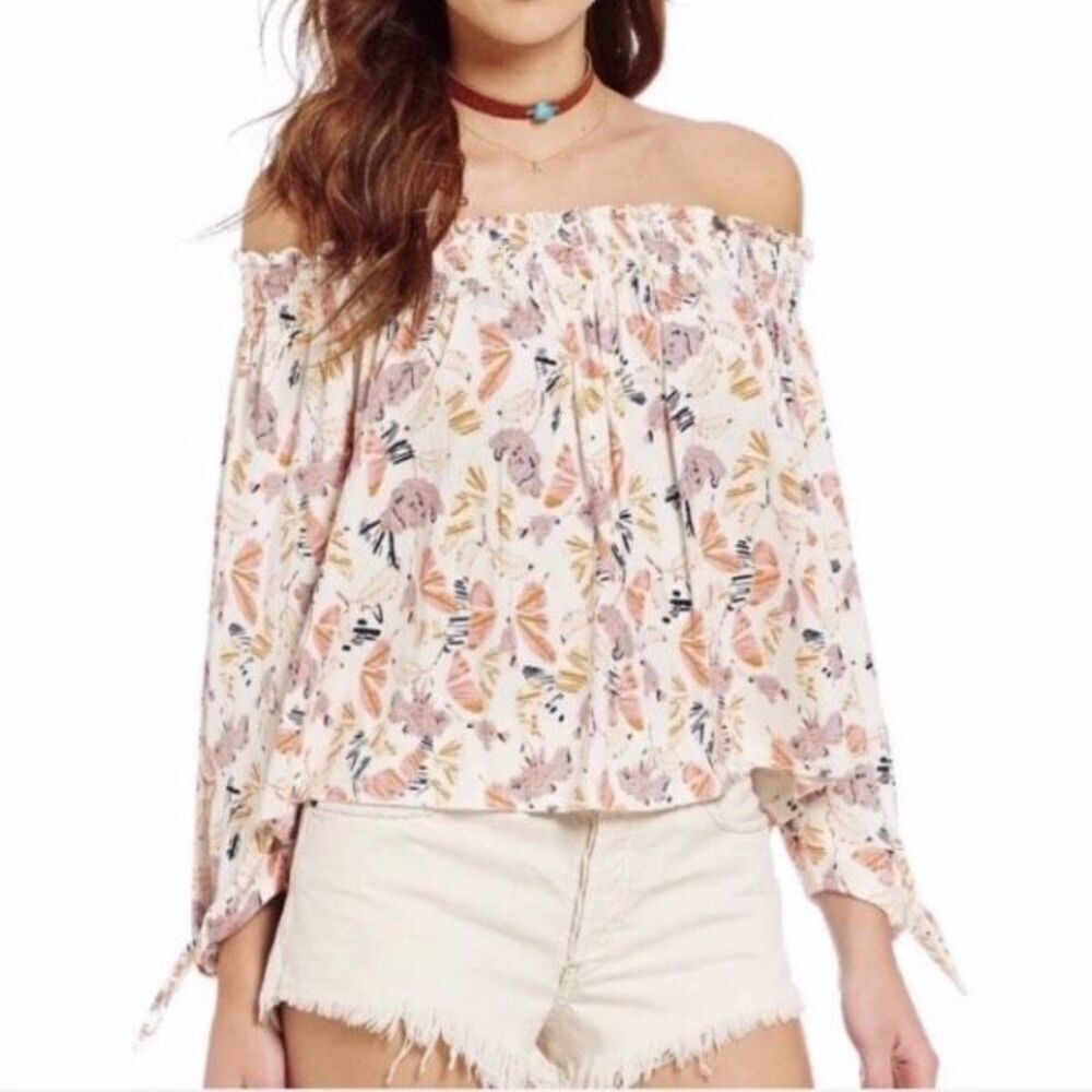 Free‎ People Lexington Off Shoulder Floral Boho Blouse Small Tie Cuff Ivory